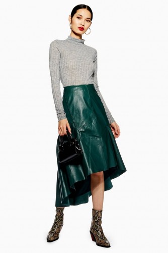 Topshop Green Leather Asymmetric Midi Skirt