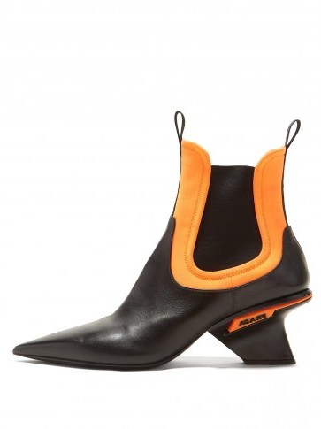 PRADA Black leather and orange neoprene insert point-toe chelsea boots – contemporary style booties - flipped