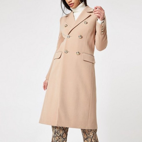 River Island Light brown double breasted longline coat | smart and stylish winter coats - flipped
