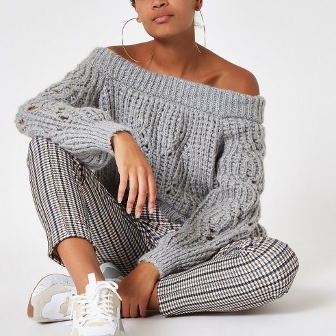 River Island Light grey knit bardot jumper | off the shoulder sweater - flipped