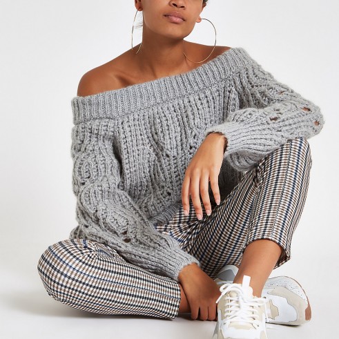 River Island Light grey knit bardot jumper | off the shoulder sweater
