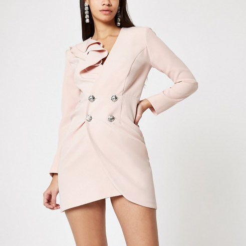 RIVER ISLAND Light pink bodycon ruffle tux mini dress – glamorous jacket dresses - flipped