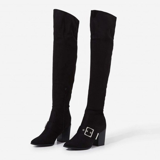 EGO Lily Buckle Detail Over The Knee Long Boot In Black Faux Suede – buckled long boots - flipped