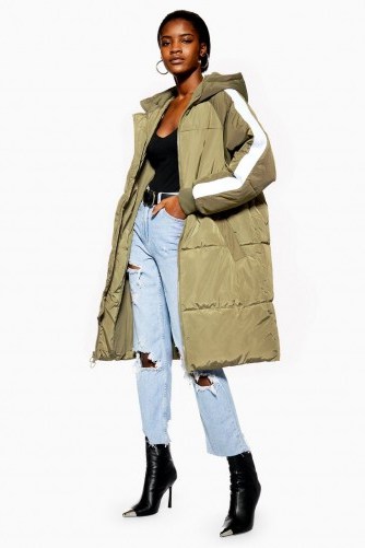Topshop Longline Puffer Jacket in Khaki | stylish padded winter coats - flipped