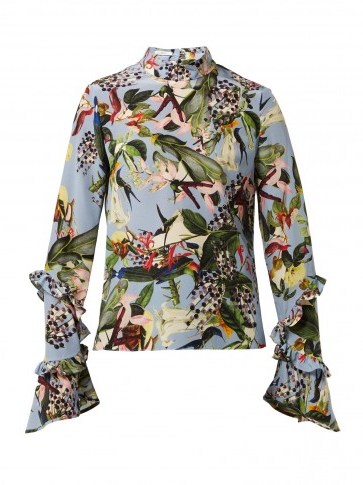 ERDEM Louella light-blue Facette Dream Bird-print silk blouse ~ ruffle sleeve high neck tops - flipped