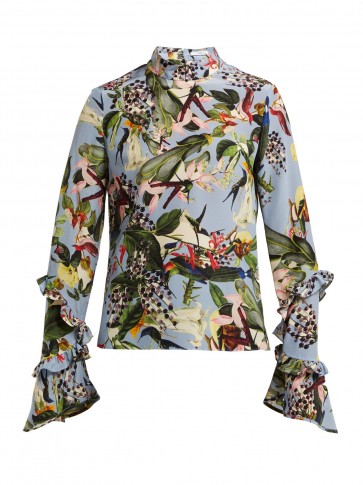 ERDEM Louella light-blue Facette Dream Bird-print silk blouse ~ ruffle sleeve high neck tops