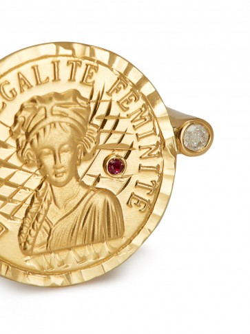 ANISSA KERMICHE Louise D’Or 18kt gold diamond and ruby Liberté Egalité Feminité embossed ring