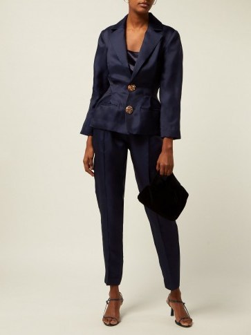 ALBUS LUMEN Lujo navy pleated silk-organza blazer ~ luxe blue fitted waist jacket - flipped