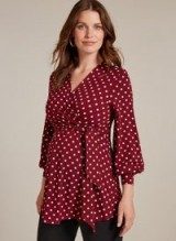 ISABELLA OLIVER LYDIA MATERNITY BELL SLEEVE BLOUSE in Wine & White Polka – red spot print wrap style pregnancy top