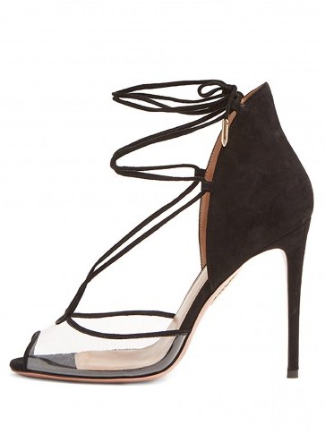 AQUAZZURA Magic 105 peep-toe black suede sandals ~ PVC panel stiletto heels - flipped