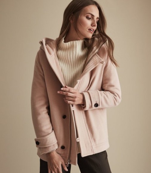 REISS MARLOWE HOODED COAT BLUSH PINK ~ casual luxe - flipped