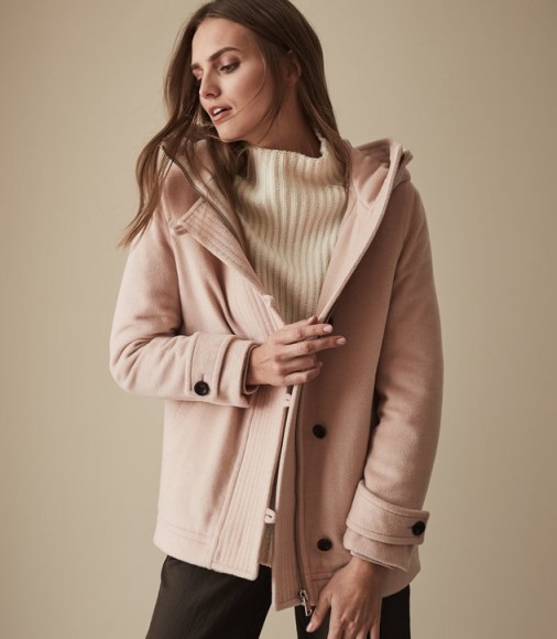REISS MARLOWE HOODED COAT BLUSH PINK ~ casual luxe