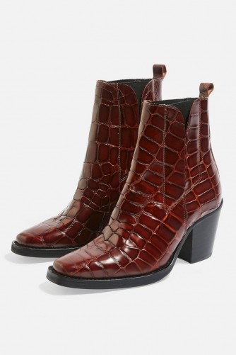 MASON Chelsea Mid Heel Ankle Boots in Tan | brown crocodile embossed leather