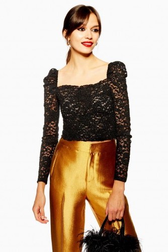 Topshop Metallic Daisy Lace Top in Black - flipped