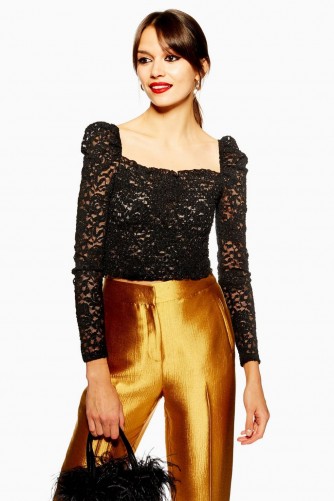 Topshop Metallic Daisy Lace Top in Black