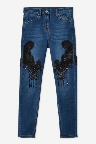 TOPSHOP Mid Blue Fishnet Beaded Jeans in mid stone / shiny embellishments - flipped