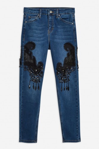 TOPSHOP Mid Blue Fishnet Beaded Jeans in mid stone / shiny embellishments