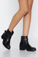 NASTY GAL Midnight Rider Faux Leather Boot in black – chunky buckle boots