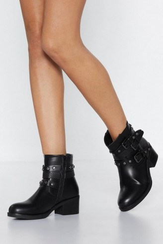 NASTY GAL Midnight Rider Faux Leather Boot in black – chunky buckle boots - flipped