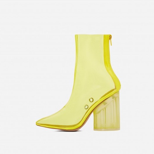 EGO Mimi Perspex Block Heel Pointed Ankle Sock Boot In Neon Yellow – clear retro boots - flipped