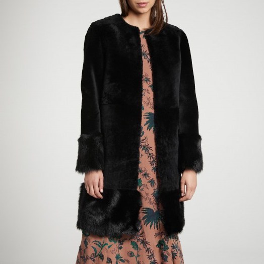L.K. BENNETT MISHIA BLACK SHEARLING COAT / collarless fur coats / plush party outerwear - flipped