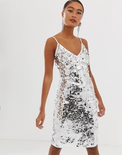 Miss Selfridge bodycon midi dress in silver sequin | strappy sequinned party dresses - flipped