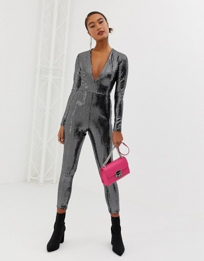 Miss Selfridge sequin catsuit in silver – party glamour – fitted crop leg jumpsuit - flipped
