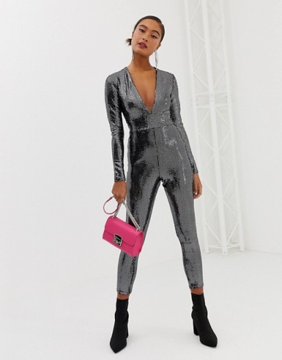 Miss Selfridge sequin catsuit in silver – party glamour – fitted crop leg jumpsuit