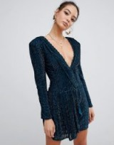 Missguided Peace & Love embellished plunge wrap dress in teal | glittering party frock