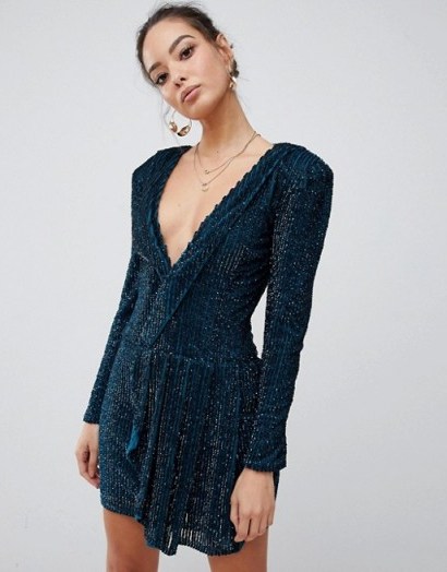 Missguided Peace & Love embellished plunge wrap dress in teal | glittering party frock - flipped
