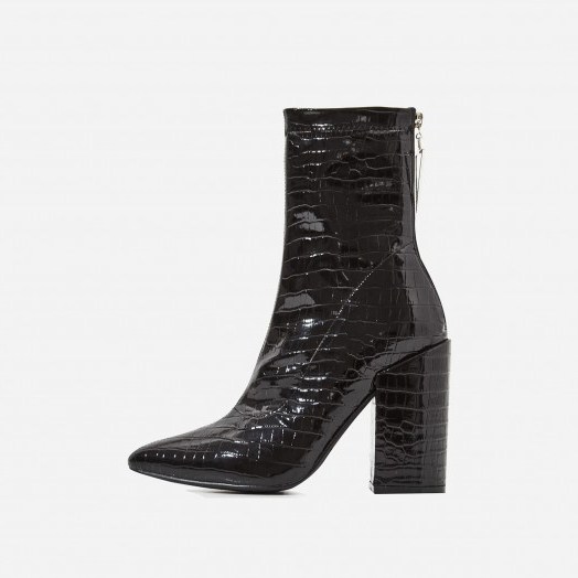 EGO Monica Triangle Zip Detail Black Heel Ankle Boot In Black Croc Print Patent – embossed chunky heeled boots - flipped
