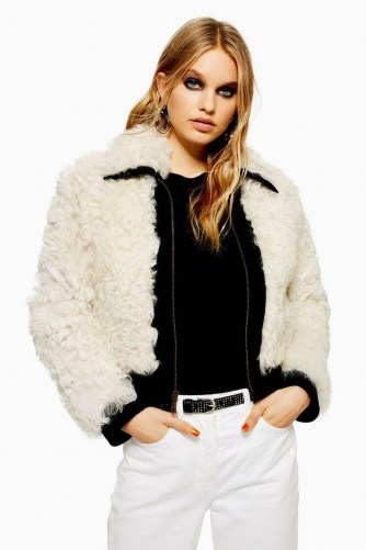Topshop Monochrome Shearling Jacket in Cream | fluffy bomber - flipped