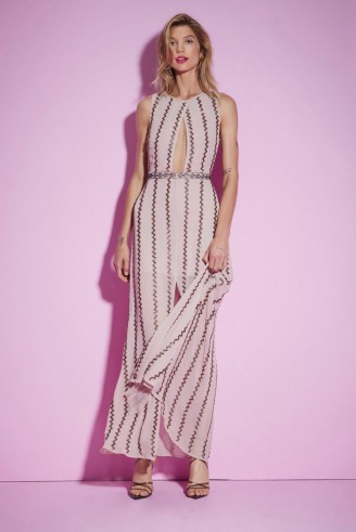 Nasty Gal Studio All Night Long Beaded Dress in Nude | long party dresses | deep keyhole front