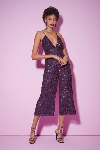 Nasty Gal Studio You Should Be Dancing Sequin Jumpsuit in Purple | shimmering crop leg jumpsuits | glittering party fashion - flipped