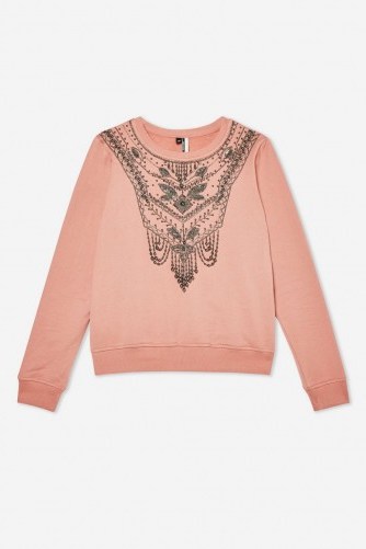 TOPSHOP Necklace Embellished Sweatshirt in Rose – pink statement sweat top - flipped