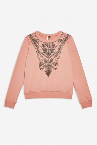 TOPSHOP Necklace Embellished Sweatshirt in Rose – pink statement sweat top
