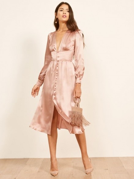 Reformation Nicola Dress in Blush | luxe silky party frock - flipped
