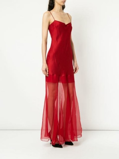 OLIVIER THEYSKENS red plunge neck slip dress | semi sheer strappy fashion