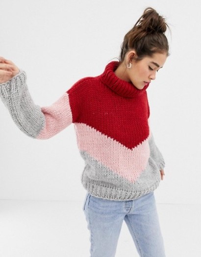 OneOn hand knitted colourblock jumper in Red Pink Grey | multicouloured knits - flipped