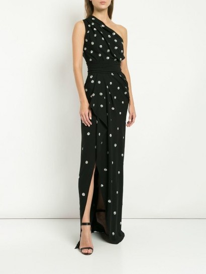 OSCAR DE LA RENTA black one shoulder silver-tone polka dot dress ~ event glamour - flipped