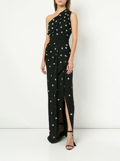 OSCAR DE LA RENTA black one shoulder silver-tone polka dot dress ~ event glamour