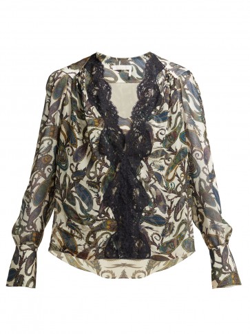 CHLOÉ Paisely-print silk blouse ~ lace trimmed top