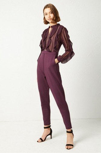 FRENCH CONNECTION PATRICIA LACE JERSEY JUMPSUIT in Black Grape | purple jumpsuits - flipped