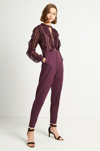 FRENCH CONNECTION PATRICIA LACE JERSEY JUMPSUIT in Black Grape | purple jumpsuits