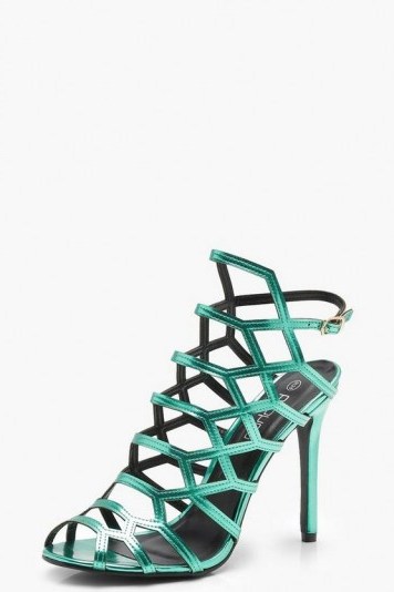 boohoo Peeptoe Cage Sandals in Green | cut-out party heels - flipped