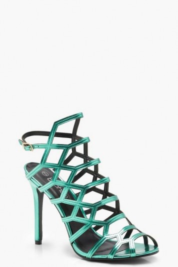 boohoo Peeptoe Cage Sandals in Green | cut-out party heels