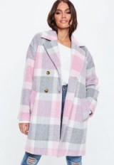 MISSGUIDED petite pink check print cocoon coat – large checks