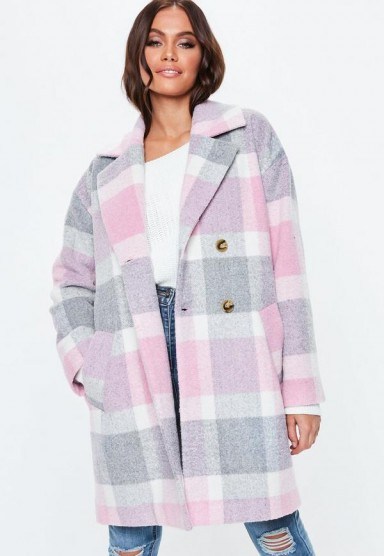 MISSGUIDED petite pink check print cocoon coat – large checks - flipped