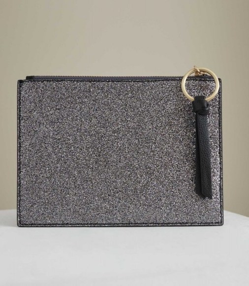 Reiss PHOEBE METALLIC ZIP POUCH TINSEL/BLACK | sparkly party clutch - flipped