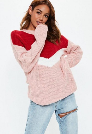 MISSGUIDED pink chevron colourblock jumper – chunky sweaters - flipped